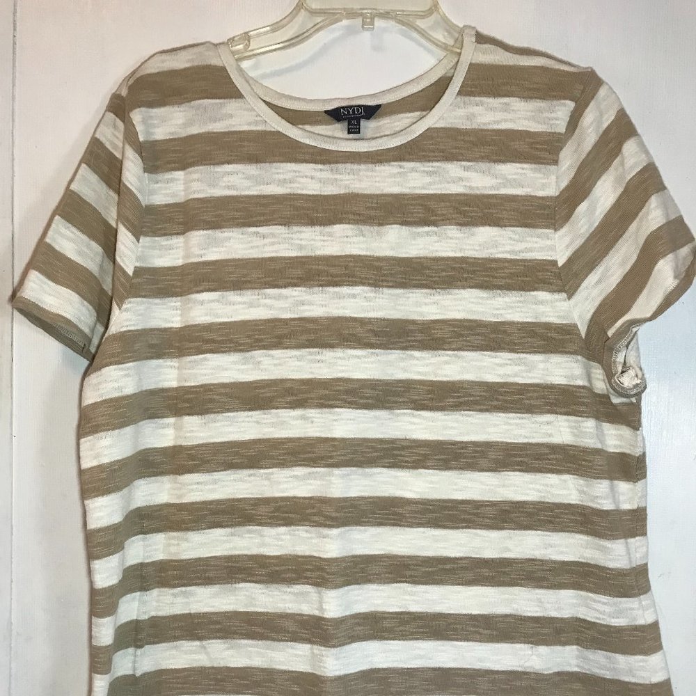 NYDJ Women's Knit Pullover Tan Beige Striped Top Short Sleeve Shirt Sz XL